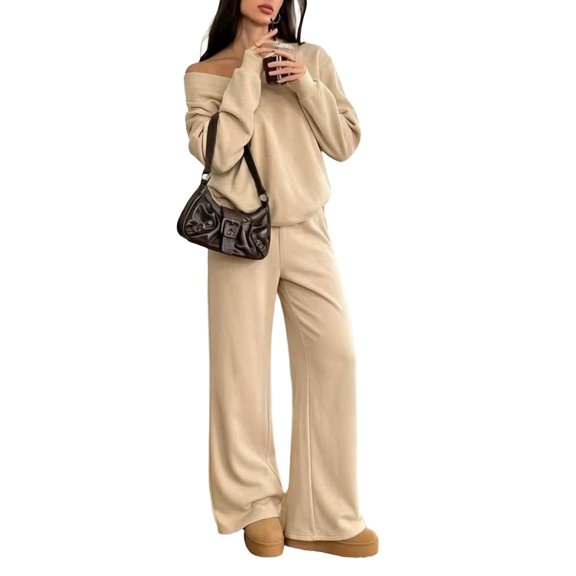 Domzest Sweatsuits 2 Piece Sets for Women Long Sleeve V Neck Off the Shoulder Sweatshirt & Wide Leg Sweatpants Casual Fall Outfits Khaki XXL