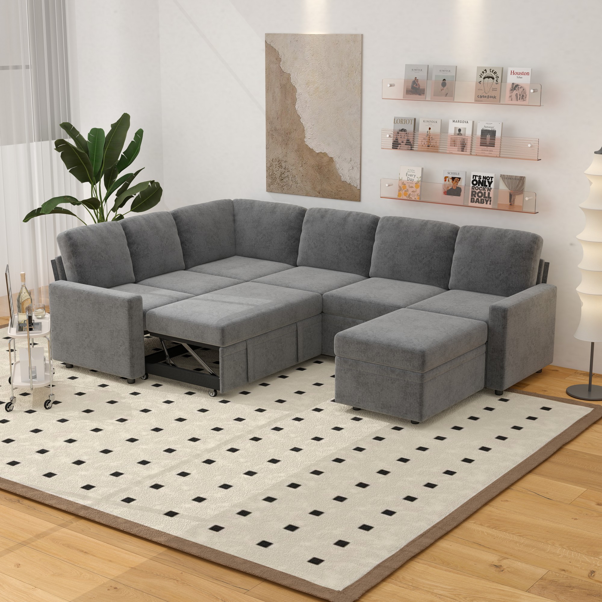 Gewnee 6-Seater Gray L-Shaped Convertible Sofa - Skin-Friendly & Wear-Resistant Chenille Fabric, Multifunctional Storage, for Living Rooms & Halls（including 1 footstool）