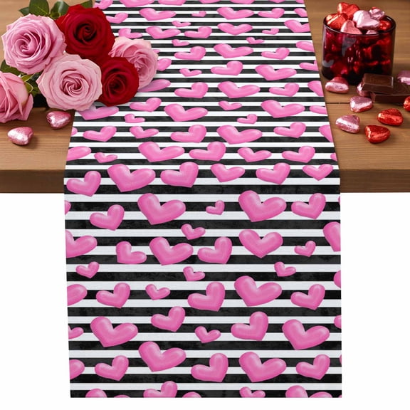 Valentine's Day Table Runner 18 x 72 Inch, Pink Love Heart White Black Stripes Decoration Washable Cotton Linen Dining Table Runner Tabletop Decorations for Restaurant Home Kitchen Party