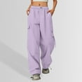 thumbnail image 2 of LIIPEE Girls Cargo Pants Spring Summer Casual Stretch Elastic Empire Waist Drawstring Wide Leg Pants With Pockets Toddler Leisure Parties Vacation Streetwear Daily Wear Pants,Purple,L/155, 2 of 5