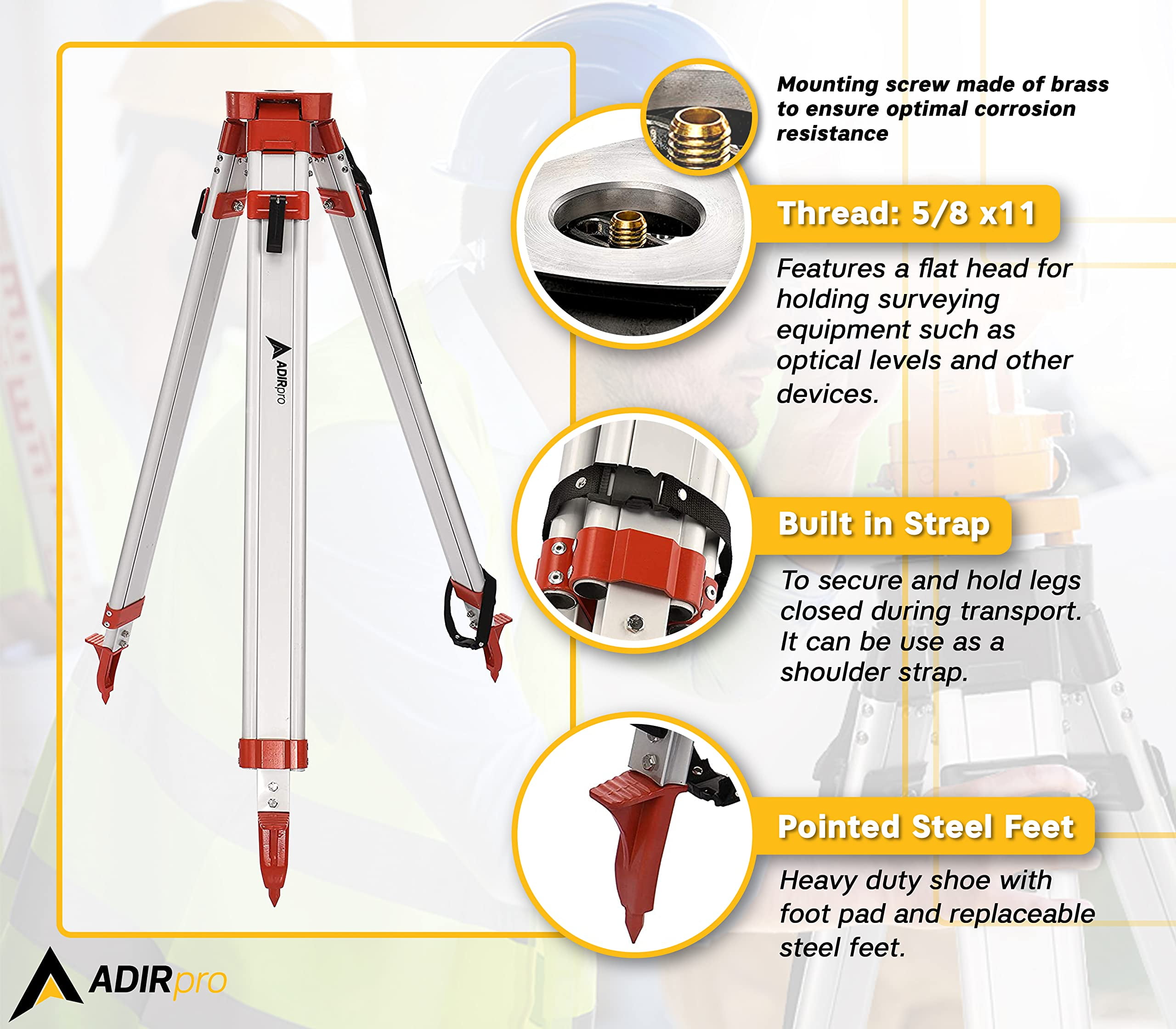 AdirPro Universal Survey Tripod – Laser Level Tripod – Transit Level Tripod - Quick Clamp - Heavy Duty Contractor Tripod 5/8” x 11” Thread (Orange Aluminum)