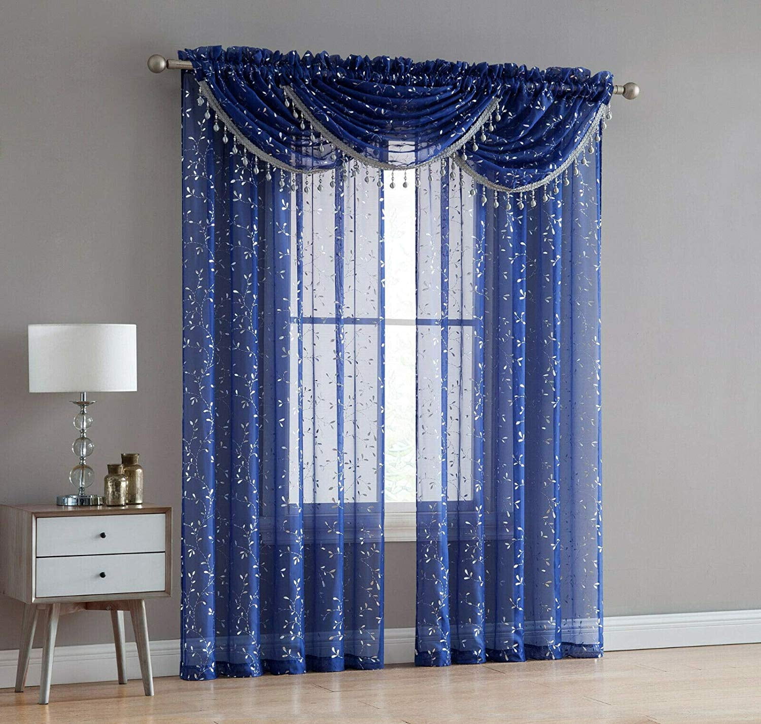 Adeline 5 Piece Sheer Curtain Set with Beaded Austrian Valances and
