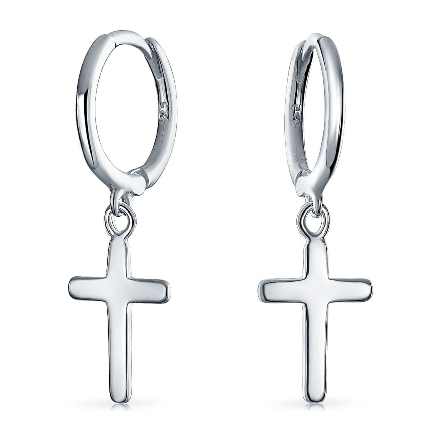 Bling Jewelry Womens Tiny Religious Dangling Cross Huggies Earrings Sterling Silver