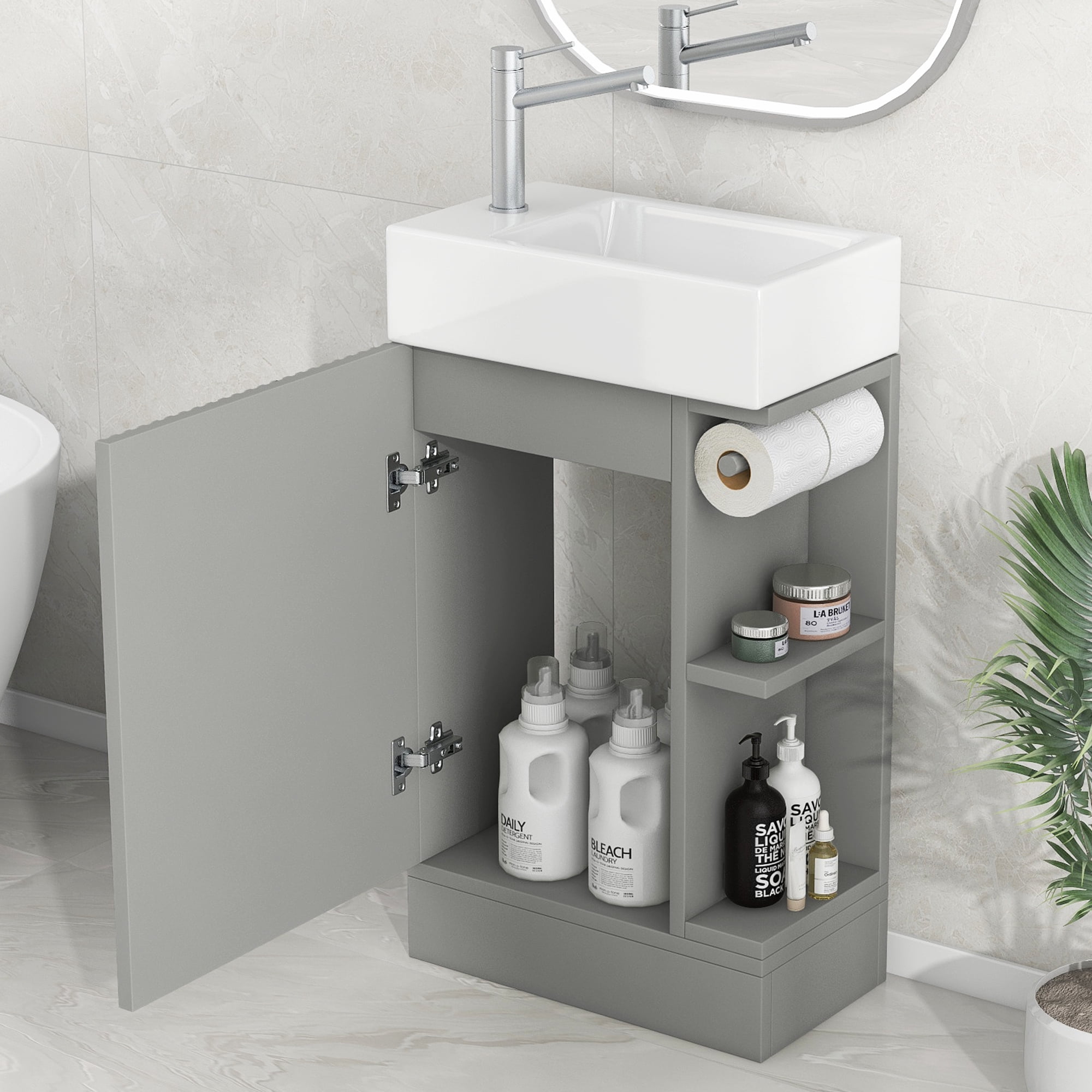 Harper & Bright Designs 18.6" Small Bathroom Vanity Sink Combo with Storage , Bathroom Floor Cabinet with Two-tier Shelf, Grey
