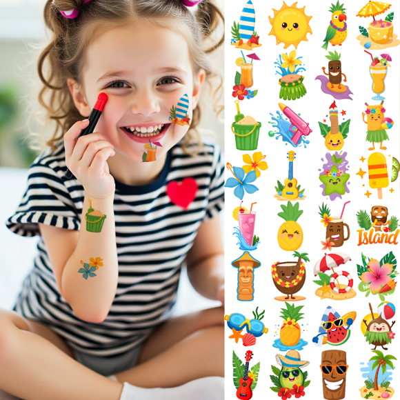 54 Temporary Tattoo Stickers Waterproof Long-lasting Body Stickers Hawaiian Beach Coconut Tree Ice Cream Swimming Ring Kids Boys Girls Tattoo Stickers for Arm Forearm Shoulder Cheek