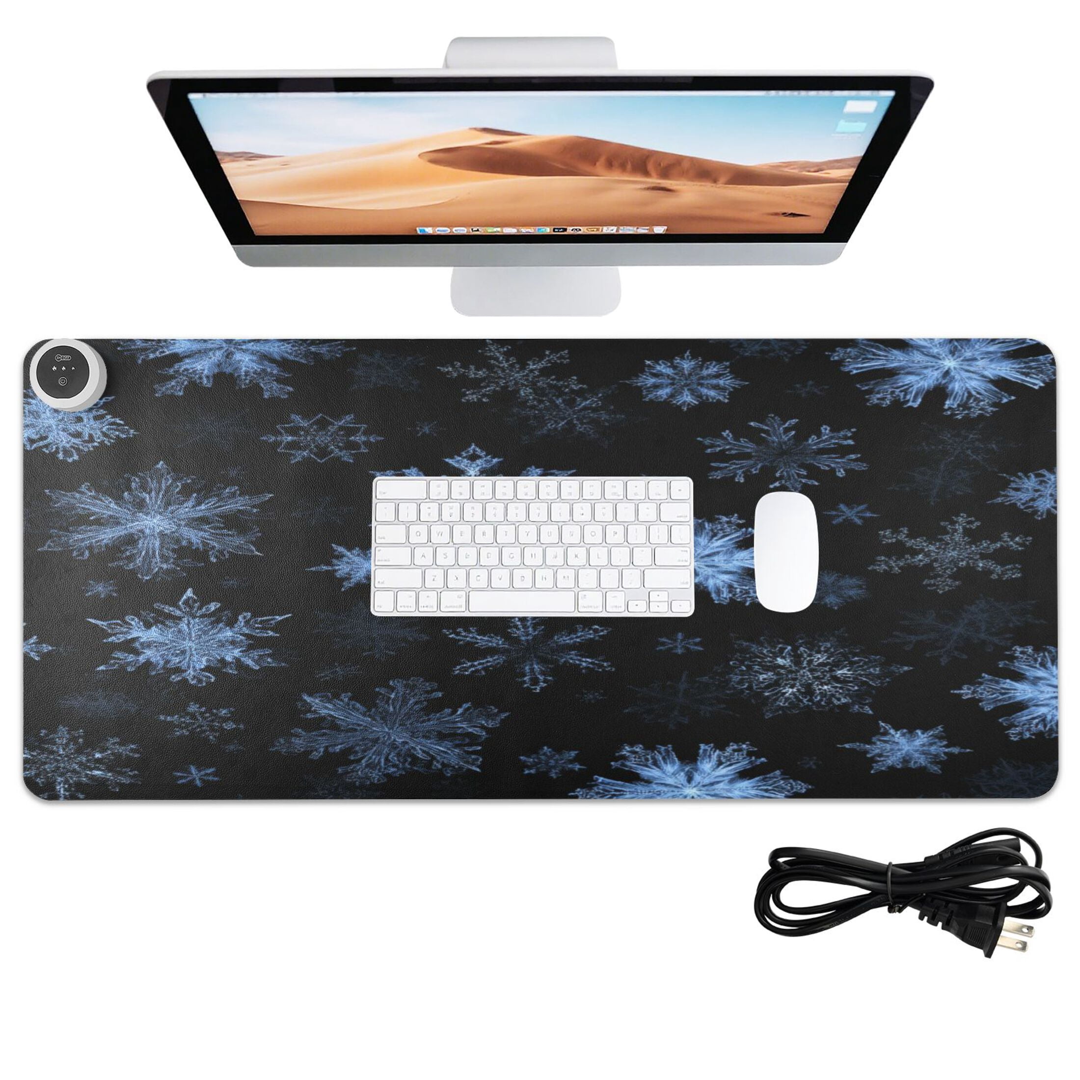 Large Heated Desk Mat Mouse Pad 31.5"x13"PU Leather Graphene Heating Desk Warmer with 3 Temperature Settings 110V US Plug Non-Slip Warm Pad for Home, Office, and Gaming Pale Blue Chrimas Snowflake