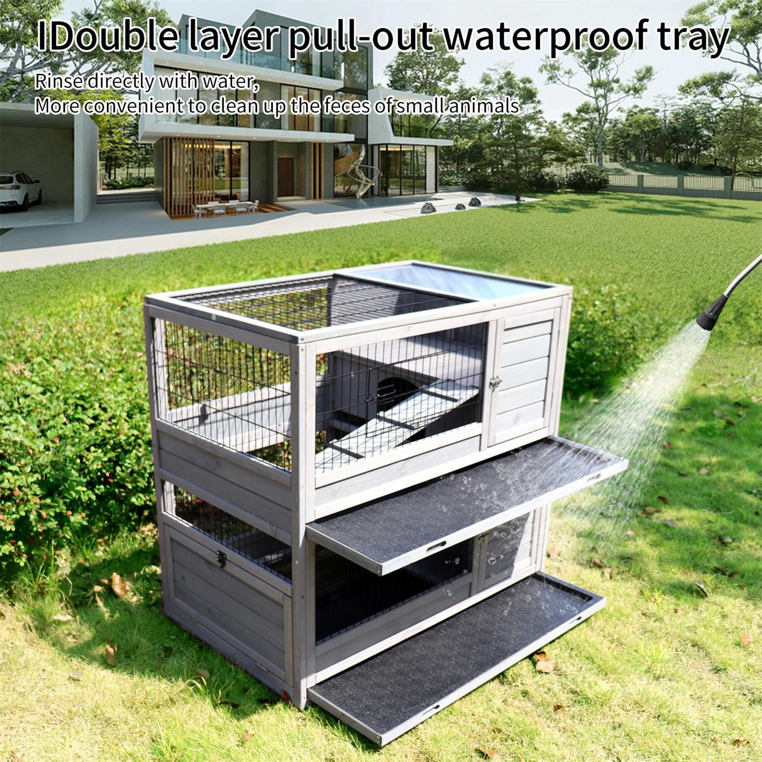 Pefilos 39" Wooden Rabbit Cage with Ramp, Small Animals Habitat, Weatherproof Roof and Removable Tray, Universal Wheel, Gray Pefilos 39" Wooden Rabbit Cage with Ramp, Small Animals Habitat, Weatherproof Roof and Removable Tray, Universal Wheel, Gray