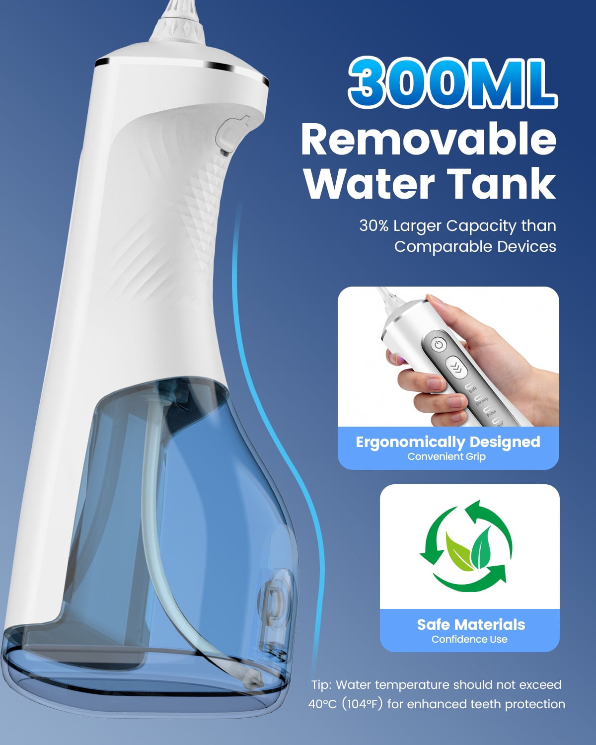 JTF Cordless Water Flosser for Teeth: 3 Modes & 10 DIY Pressure Levels Portable Oral Irrigator for Braces & Sensitive Gums with 9 Tips & 300ML Tank, Rechargeable Electric Dental Pick for Home Travel
