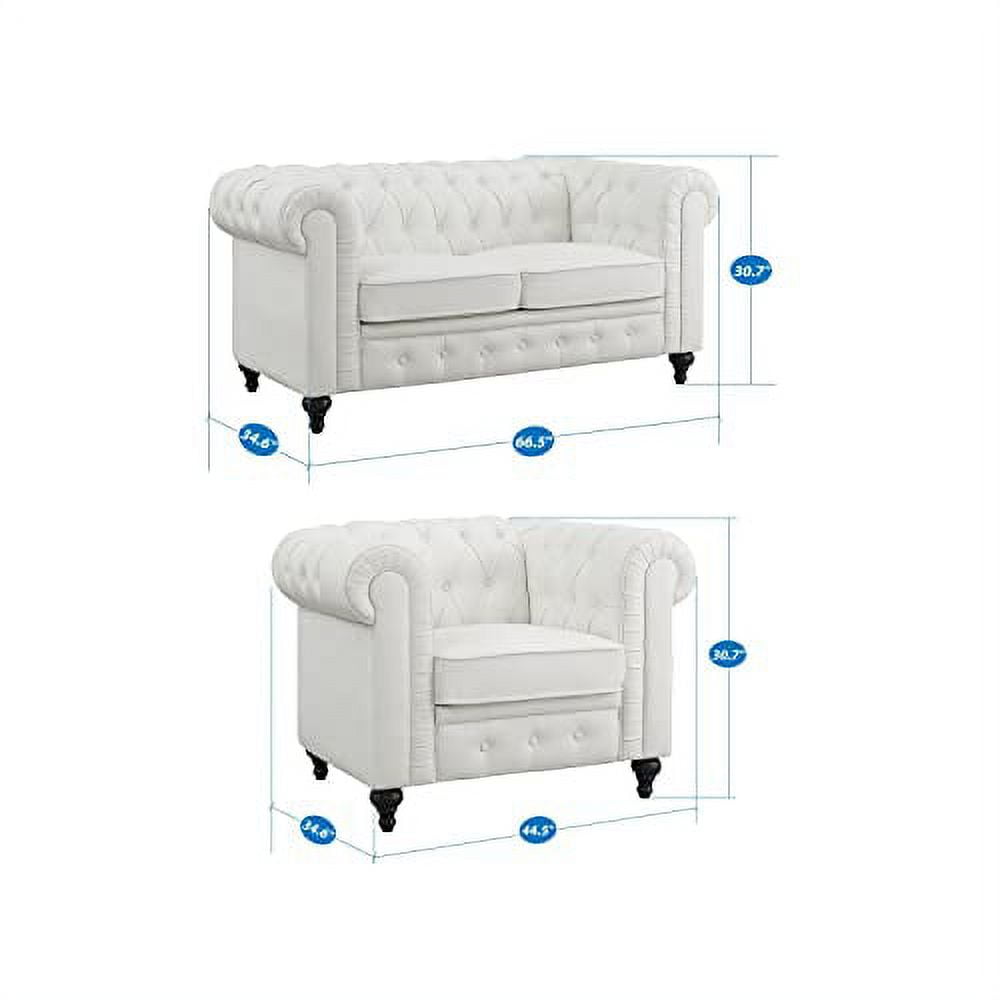 2 Piece Living Room Set, Faux Leather Chesterfield Loveseat & Chair, Deep Button Tufted with Rolled Arms, Home Furniture - Include 3-Seater Couch and Single Chair, White