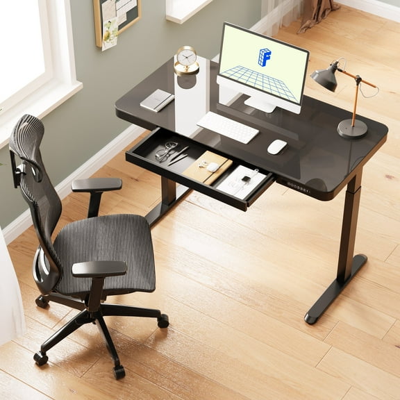 FlexiSpot Electric Glass Standing Desk with Large Drawer, Black Adjustable Frame, 4 Height Memory Presets, USB & Type-C Charging Ports, Quick 3-Step Assembly Sit Stand Desk for Home Office