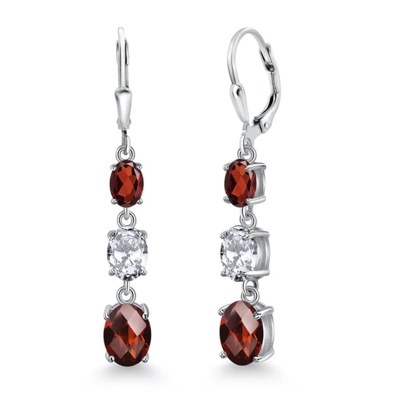Gem Stone King 925 Sterling Silver Red Garnet 3 Stone Dangle Earrings for Women (7.21 Cttw, Gemstone January Birthstone, Oval Checkerboard 8X6MM, 7X5MM and 6X4MM)