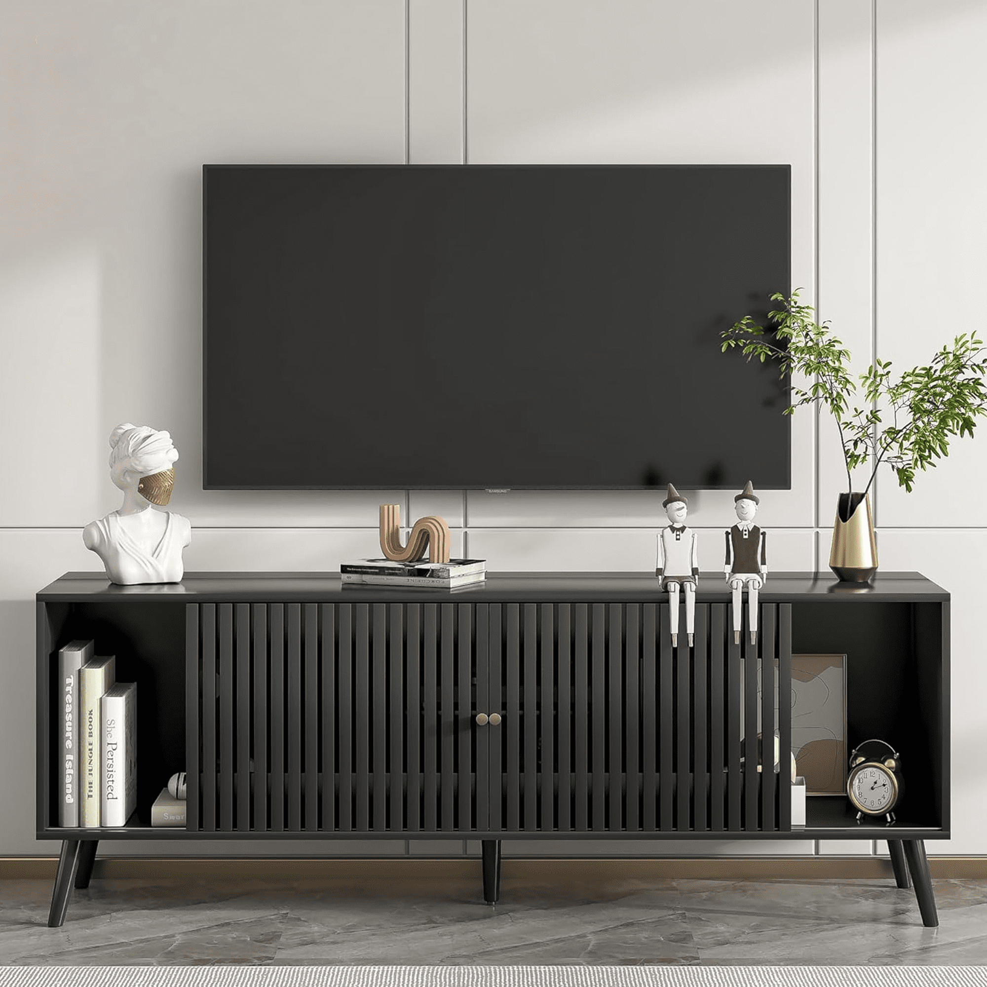 Oubayajia Mid-Century Modern 63" TV Stand with Sliding Doors, Black photo 1
