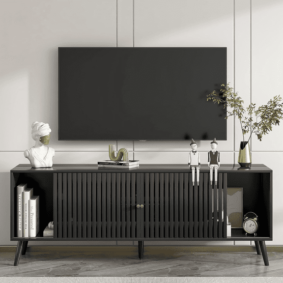 Oubayajia Mid-Century Modern 63" TV Stand for TVs up to 70”, Wood TV Console with Waveform Sliding Doors and Storage, Entertainment Center for Living Room Bedroom, Black