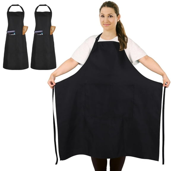 FunChaos 2 Pcs Plus Size Chef Apron, Professional Apron with 2 Pockets for Women and Men for Kitchen Cooking, Larger Size, Black