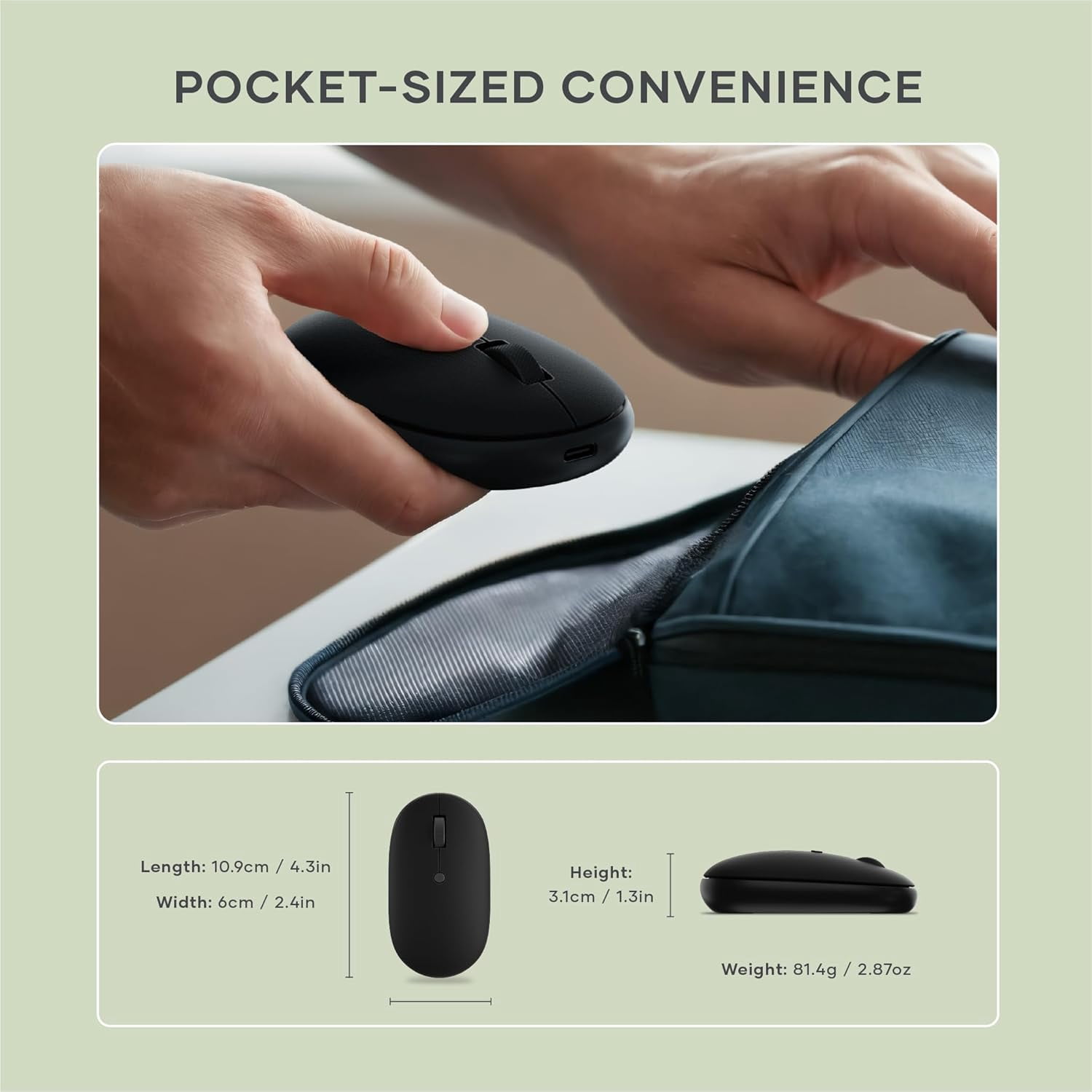 Satechi OntheGo Bluetooth Mouse with USB C Rechargeable Battery, Connect up 3 Devices, Compact and Portable Wireless Mouse for Laptop, Computer, Tablet - Black