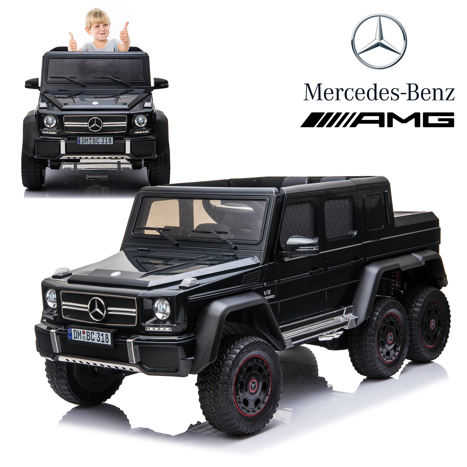 Licensed Mercedes Benz AMG G63 6x6 Kids Ride On Car with  Remote  Control, 12V 4 Motors, Stroller Function, Openable Doors, Spring  Suspension, USB MP3 Player & Bluetooth Function -Black 