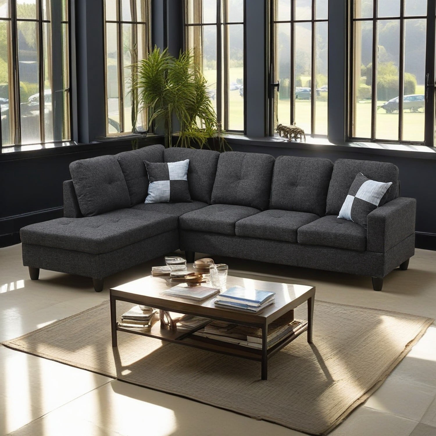 Hommoo 4 Seat Living Room Furniture Sets, Linen Sectional Sofa, Modern L-Shaped Couches and Sofas Set for Home, Black Grey(No Ottomans)