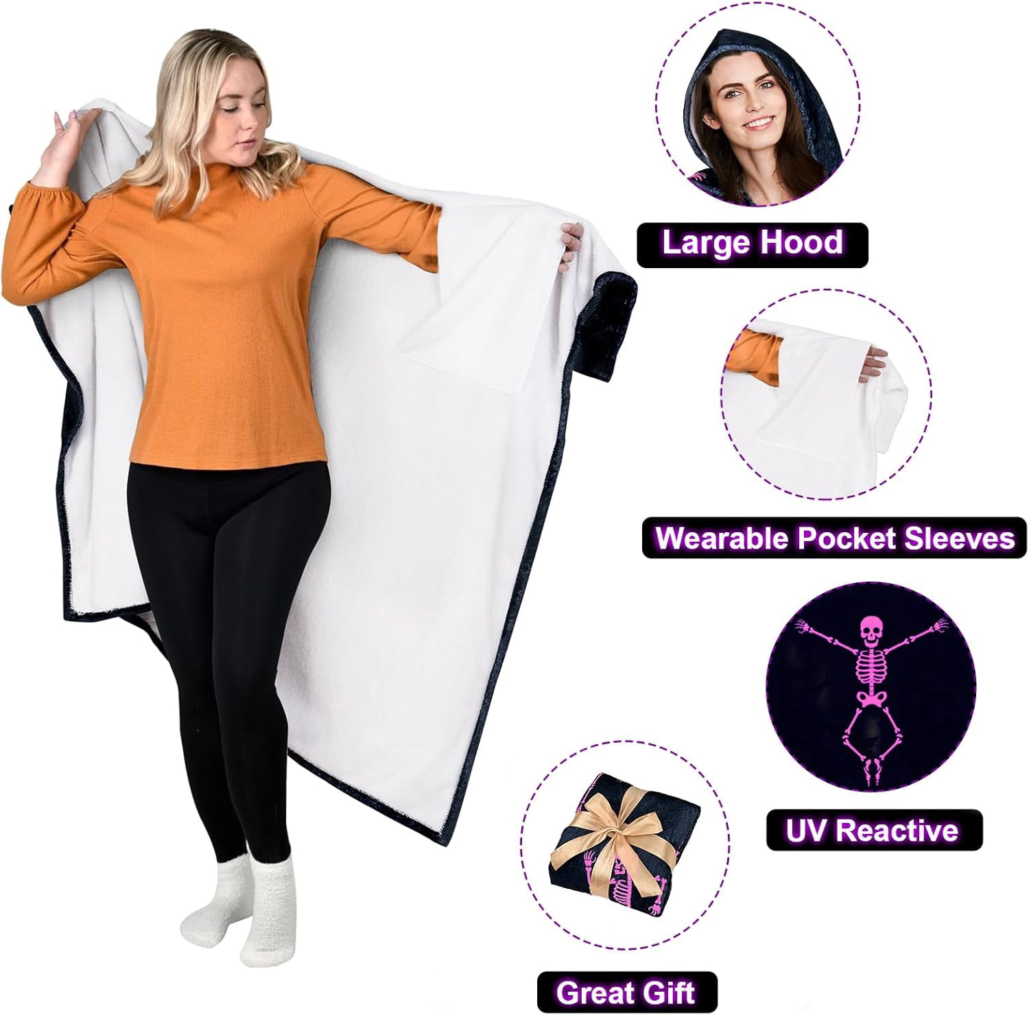 Halloween Wearable Blanket Hoodie Blacklight Skeleton Dance Hoodie Blanket with Hand Pockets, Funny Skull Soft Flannel Adult Hooded Blanket for Women and Men, 50 X 60 Inches (Black)
