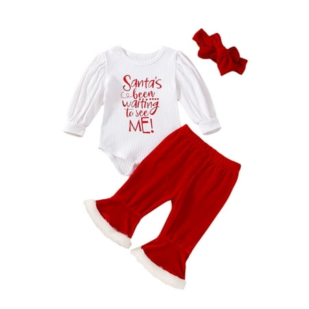 

sdghg 3Pcs Baby Girl Christmas Outfits Long Sleeve Romper + Velvet Flare Pants + Headband Set