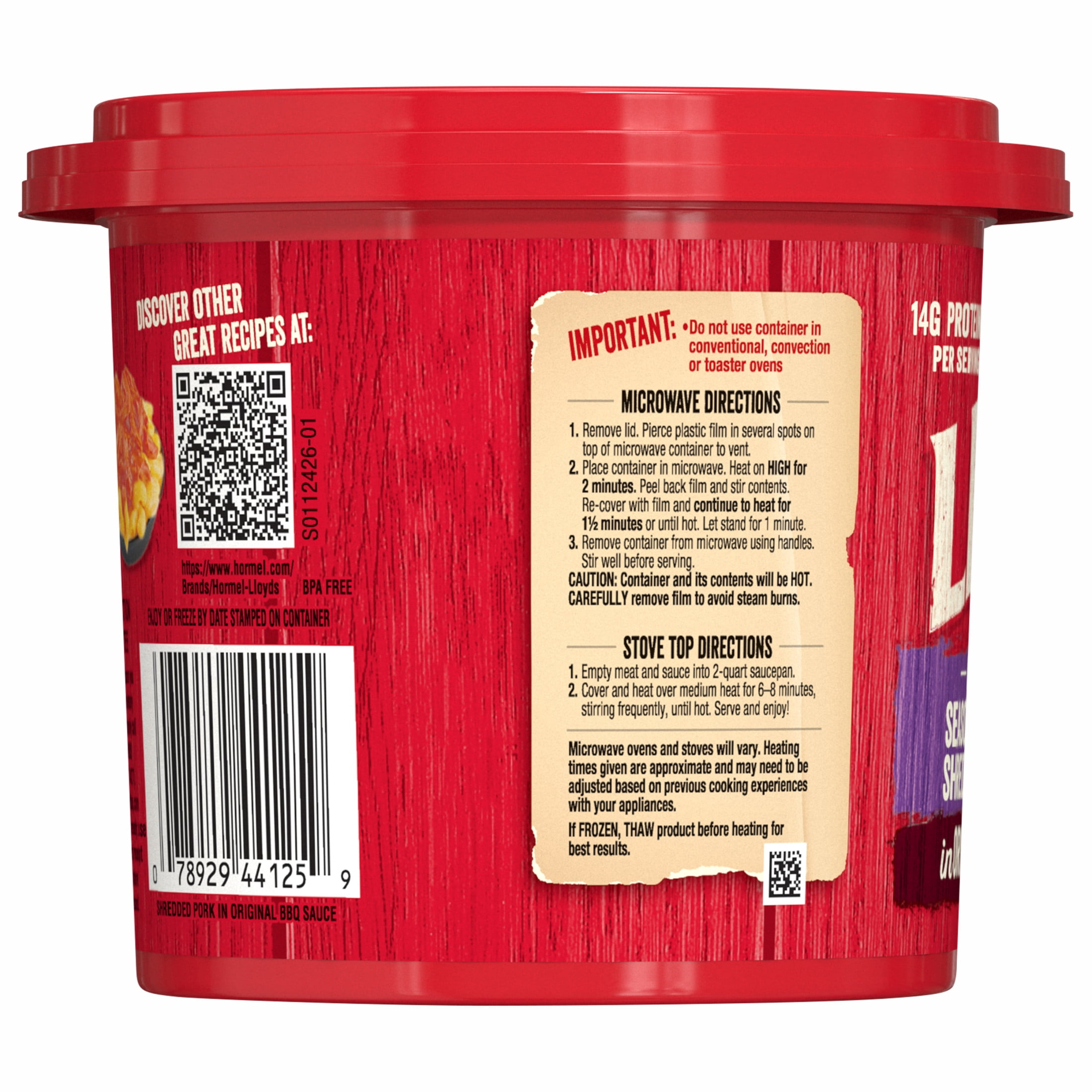 LLOYD'S Shredded Pulled Pork in Barbecue Sauce, Fully Cooked 28 oz, Plastic tub