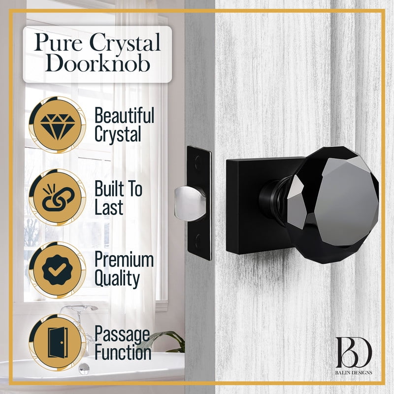 Balin Designs Black Crystal Door Knob, Glass Door Knobs Interior Non-Locking Set, Square Antique Decorative Vintage Style for Hallway, Closet, Passage Doors, 1 Pack