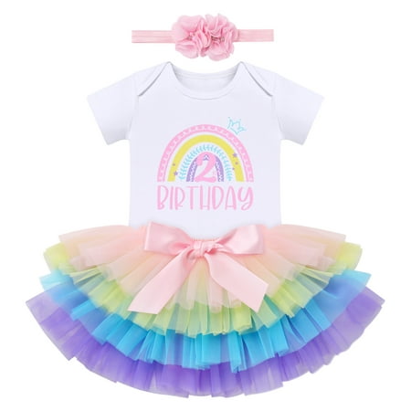 

FYMNSI Baby Girl Boho Rainbow 2nd Second Birthday Outfit Two Years Old Party Cake Smash Photo Shooting Short Sleeve Romper Tutu Skirt with Diaper Cover Flower Headband 3pcs Set 2T Rainbow 2nd