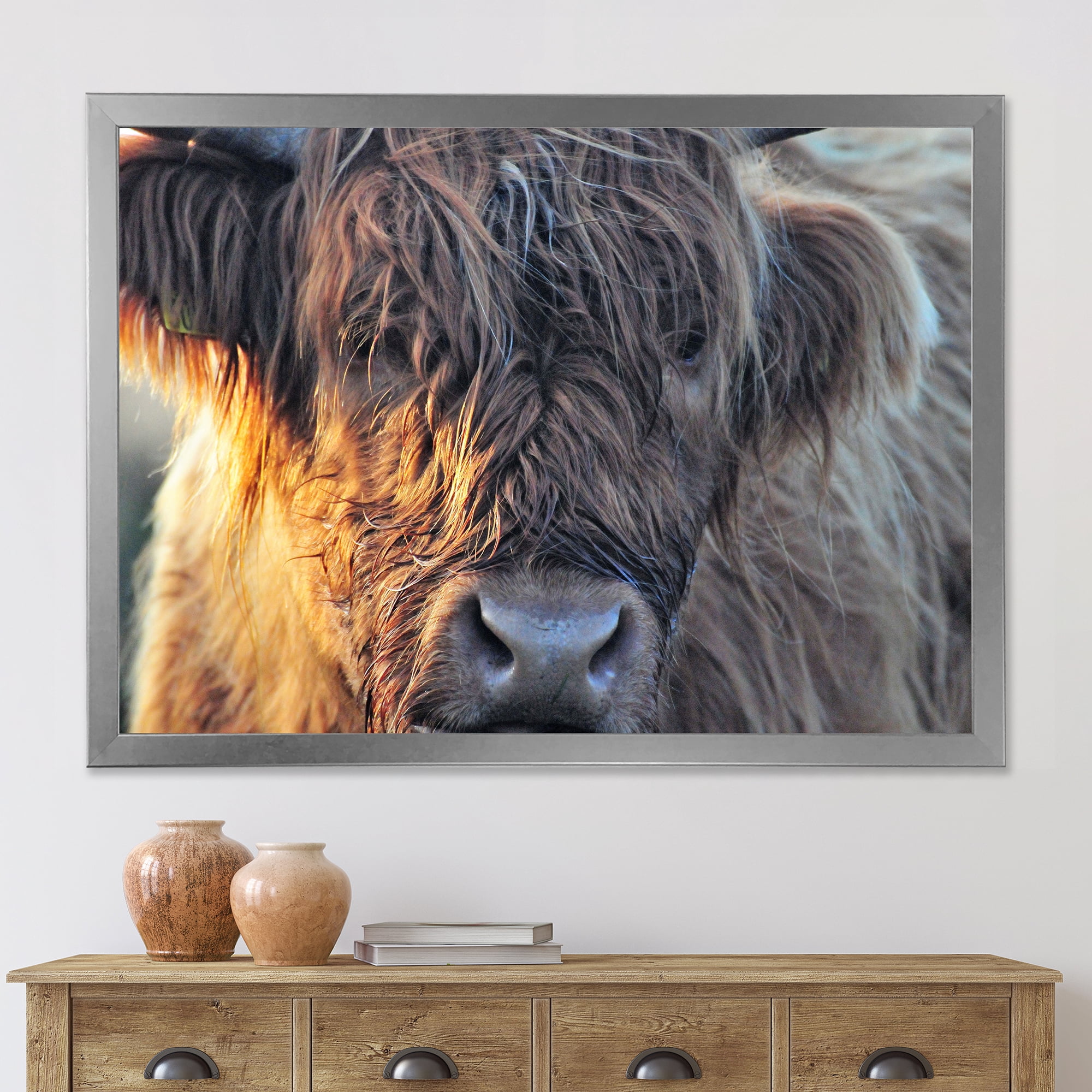 Designart 'Close Up Of Scottish Cow On Moorland III' Farmhouse Framed Art Print