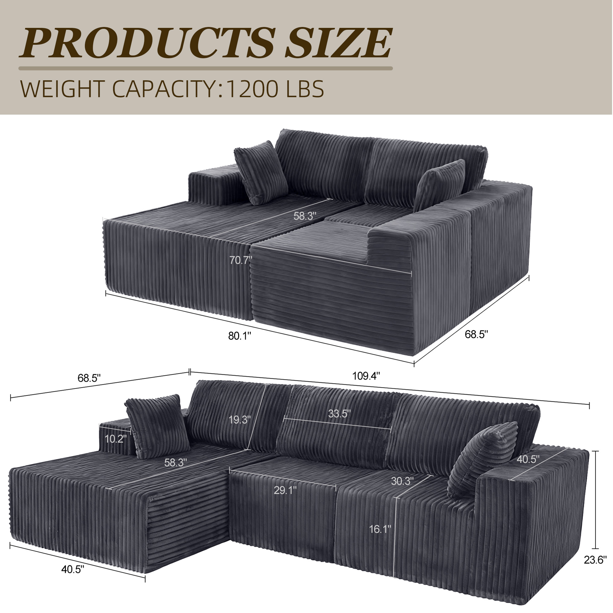 MOONMISS 110" Cloud Sectional Couch with L-Shape Chaise, Modern Modular Sofa with Deep Seat, Upholstered Couches with Back Cushion for Living Room Bedroom, No Assembly Required, Grey