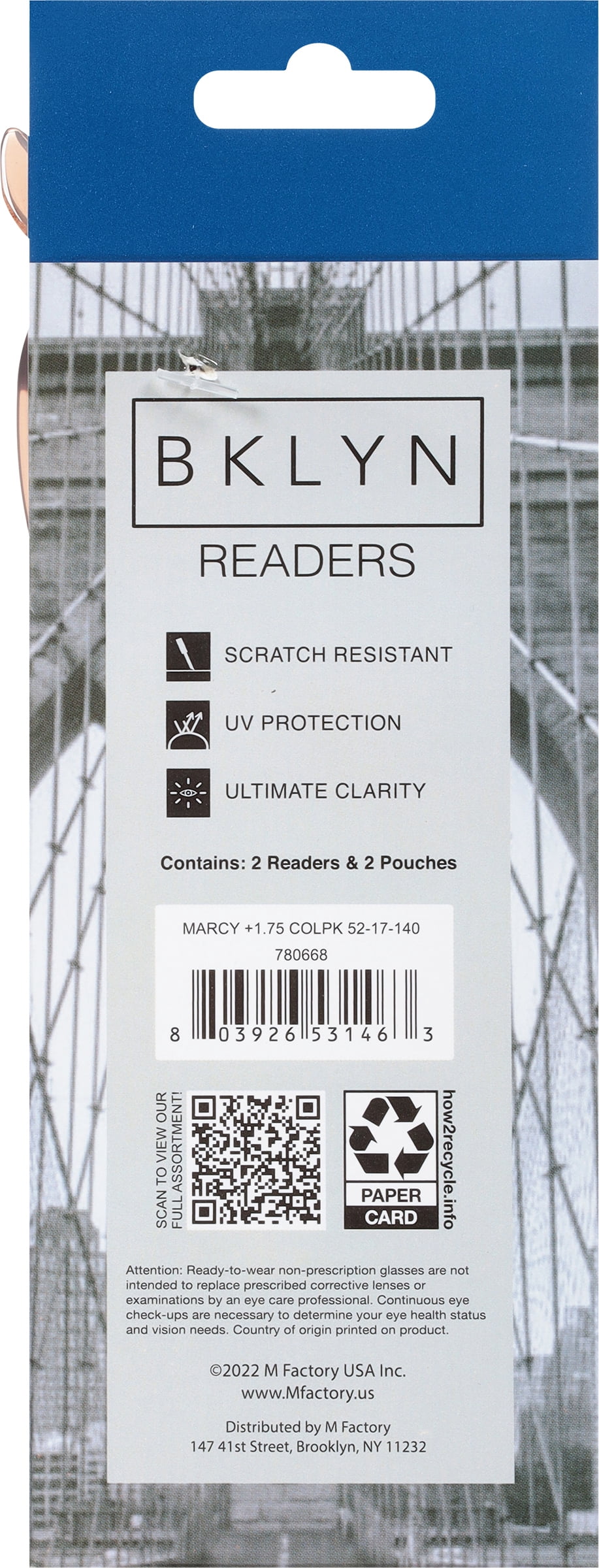 Bklyn, Marcy +1.75, Adult, Womens, Plastic Reading Glasses & Pouches Value Pack , 2 Ea