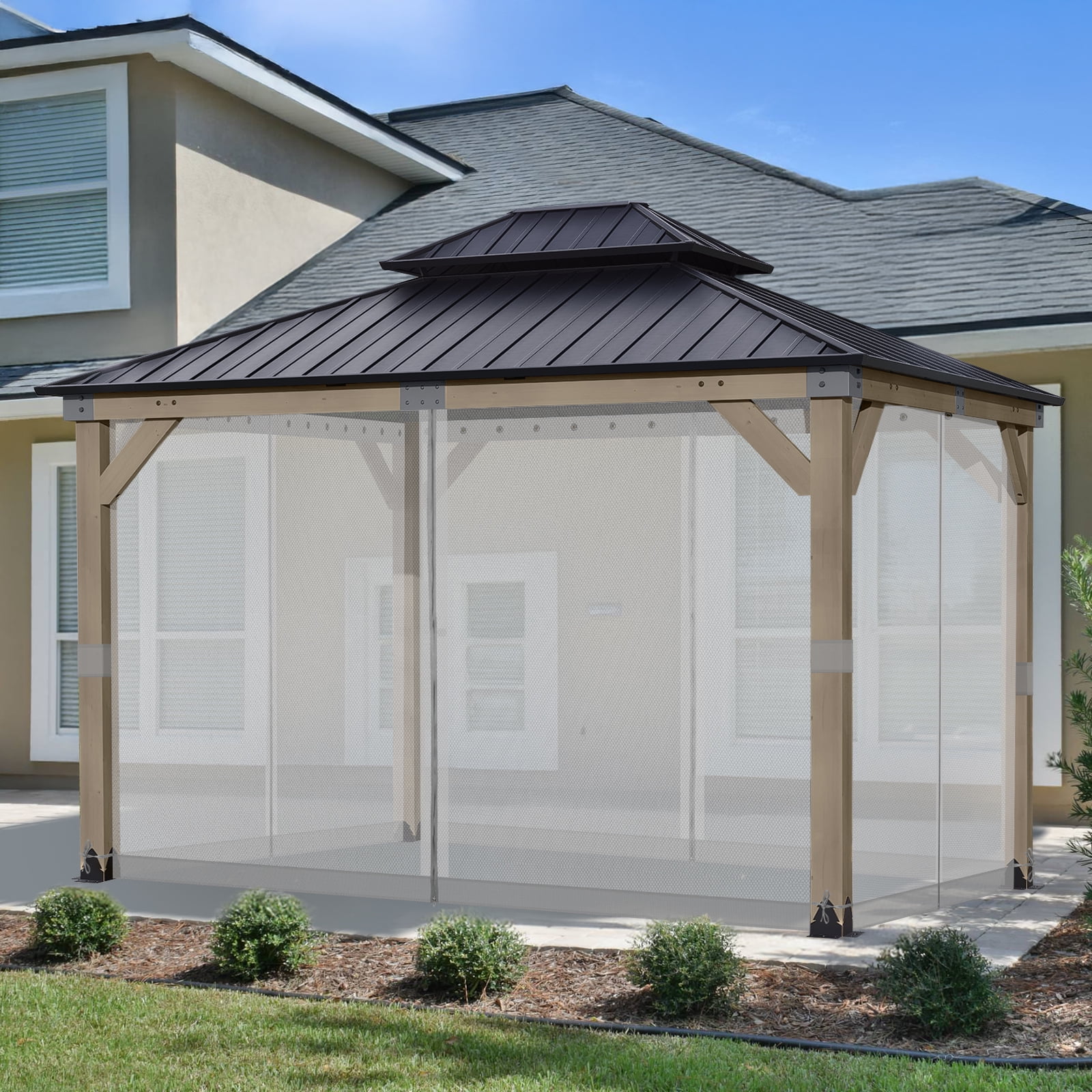 Aoodor Universal 10 x 12 ft. Gazebo Replacement Mosquito Netting Screen 4-Panel Sidewalls with Double Zipper for Patio Backyard Deck and Lawns (Only Netting)
