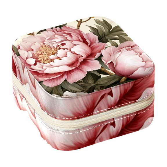 Peony Travel Portable Square Jewelry Box Organizer for Girls and Women with Ring Earring Necklace Bracelet Storage Display Case Holder