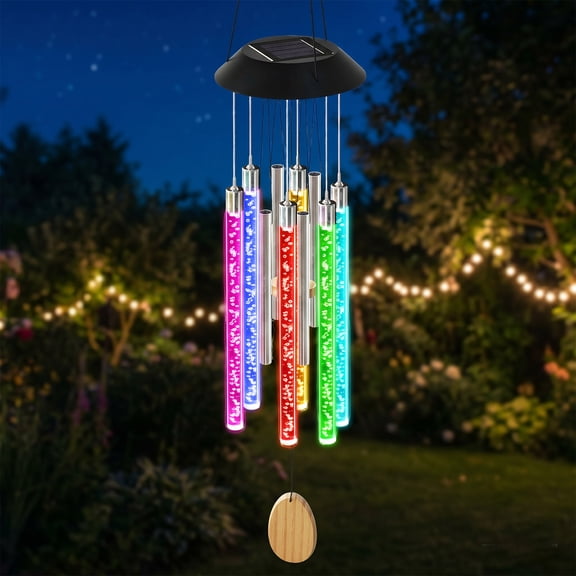Rirool Solar Wind Chimes with 6 Color Changing LED Tubes, Waterproof Solar Powered Outdoor Wind Chime for Garden, Patio, Porch, Yard, Christmas and Holiday Decoration