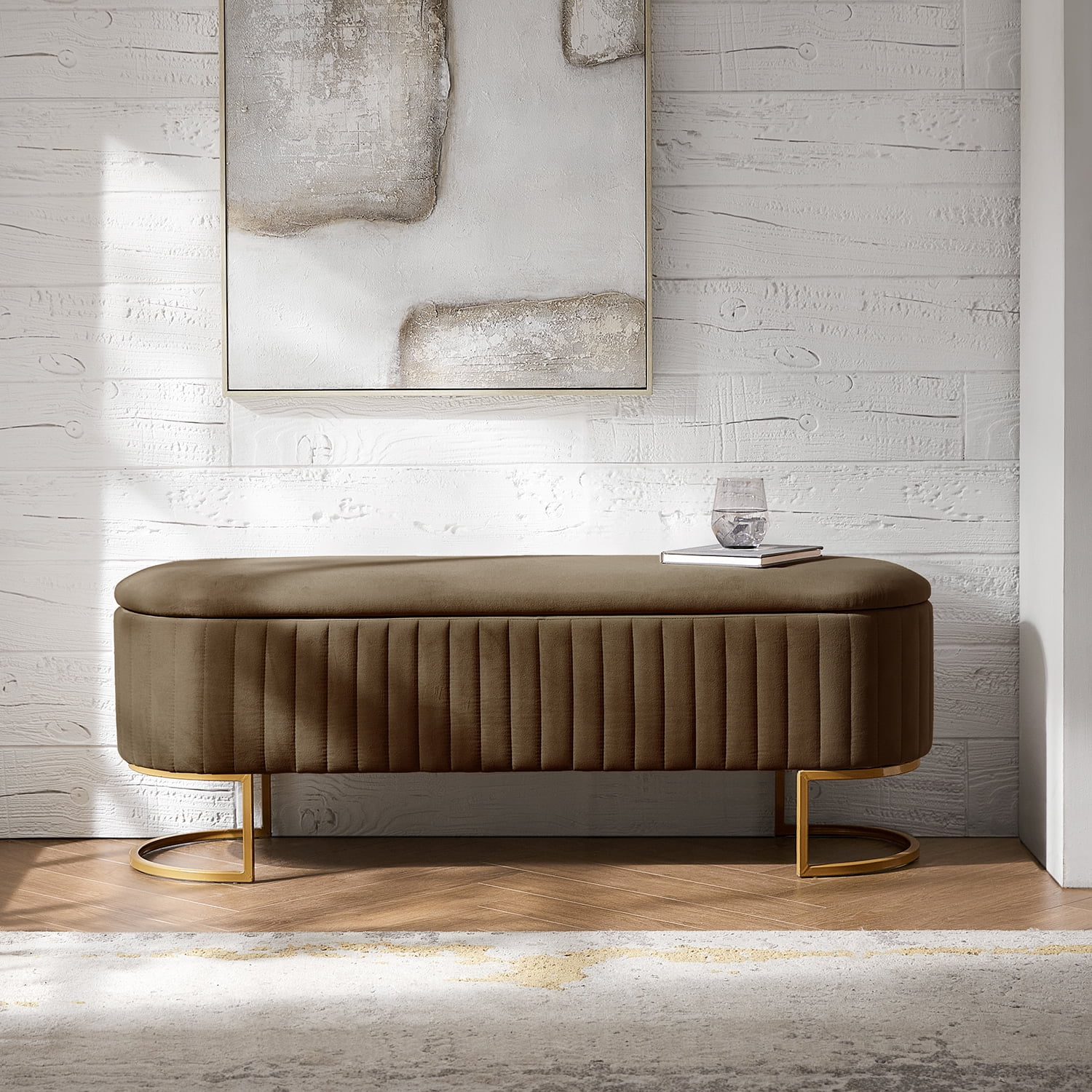 50.5" Upholstered Storage Bench For End of Bed Entryway Bedroom Ottoman Brown