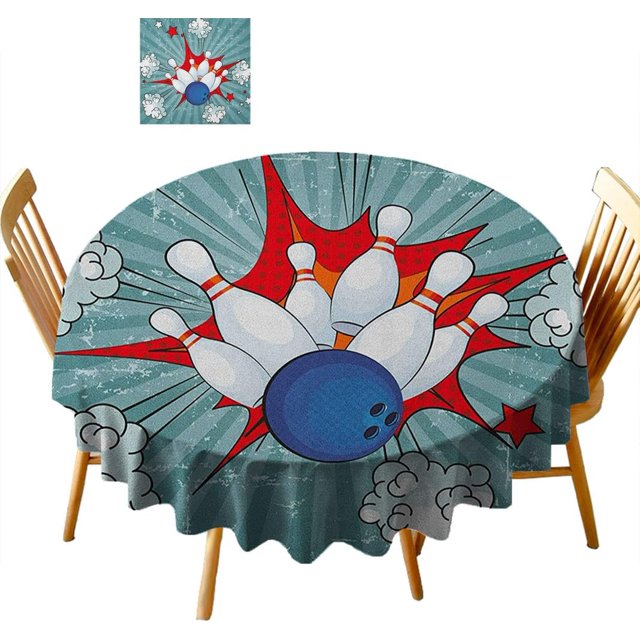 Jeu de Quilles Party, Nappe Ronde, Diamètre 39 Pouces Rétro Image de Crash Boules de Dessin Animé Design de Jeu de Fête, Nappe en Polyester Lavable Anti-Déversement