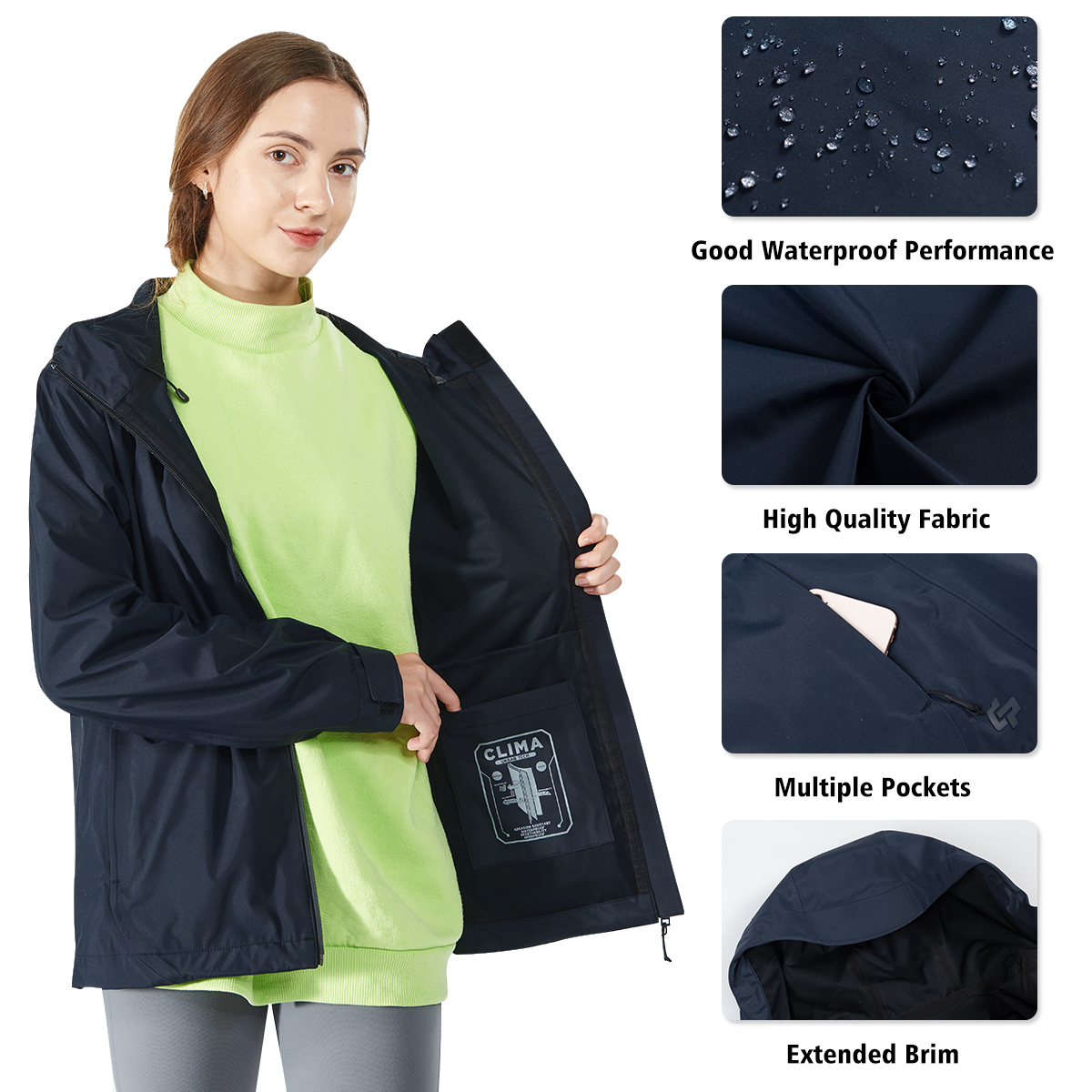 Gymax Women' Waterproof Jacket Hooded Coat w/Cuff Camping Navy Size L - image 7 of 10