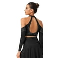 thumbnail image 3 of Aislor Women's Shinny Rhinestone Long Sleeve V-neck Latin Jazz Ballet Dance Crop Top Backless T-shirt Black M, 3 of 8