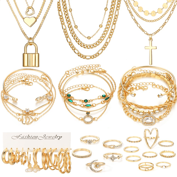 36 PCS Jewelry Set for Women, Dainty Dangle Earrings, Stackable Ring, Multi-Layered Bracelet Necklace Fashion Party Jewelry Pack Gift for Her