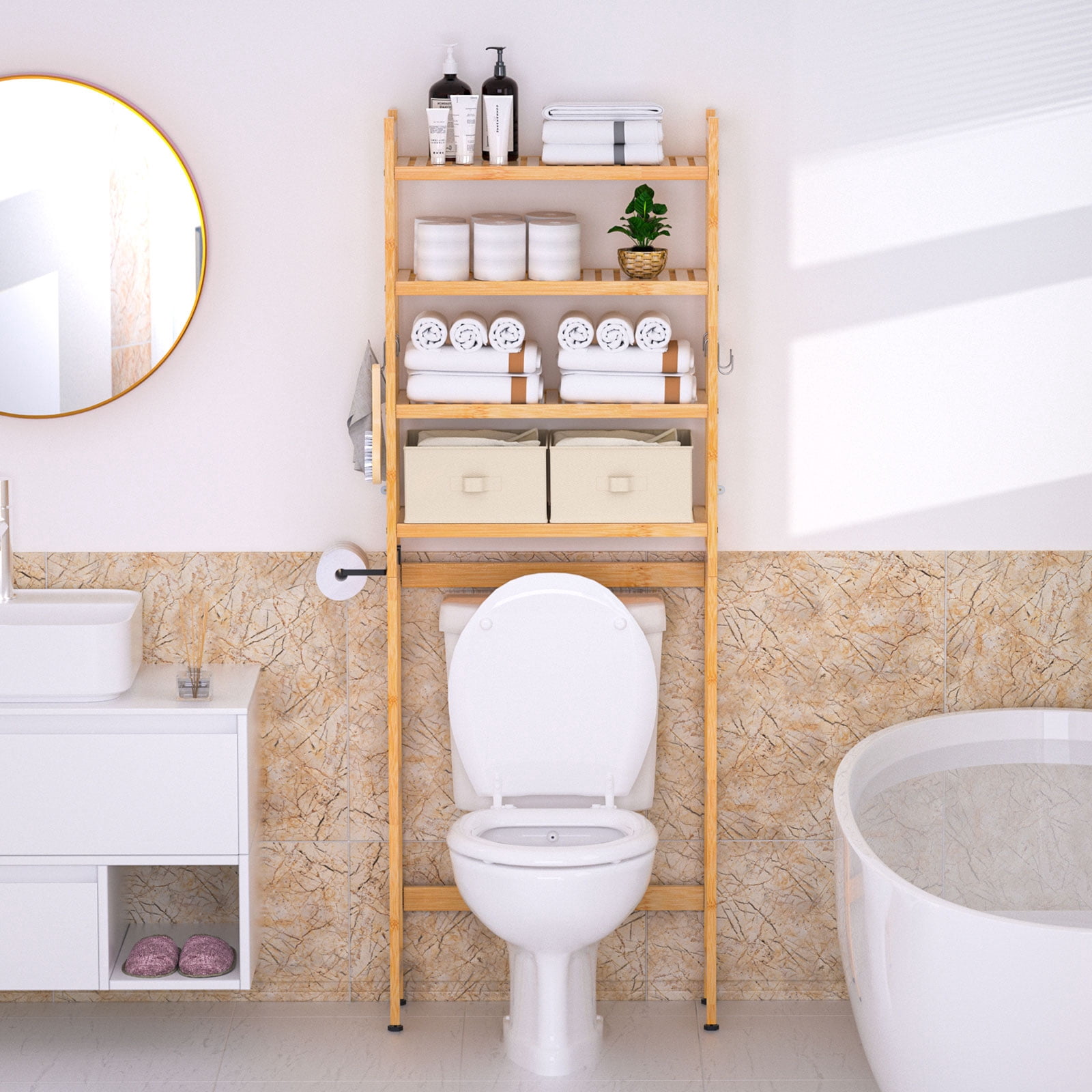 Enogets Over the Toilet Storage, Bamboo Bathroom Shelf Organizer with 2 Baskets & 4 Hooks, 4-Tier Space Saver