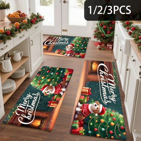 3PCS Kitchen Mat set, Welcome Door Flannel Rug,Home Decor for Front Door,Kitchen, Bathroom, Merry Christmas Santa Claus Decorations ,Great Christmas Housewarming gift for Family and Friends.