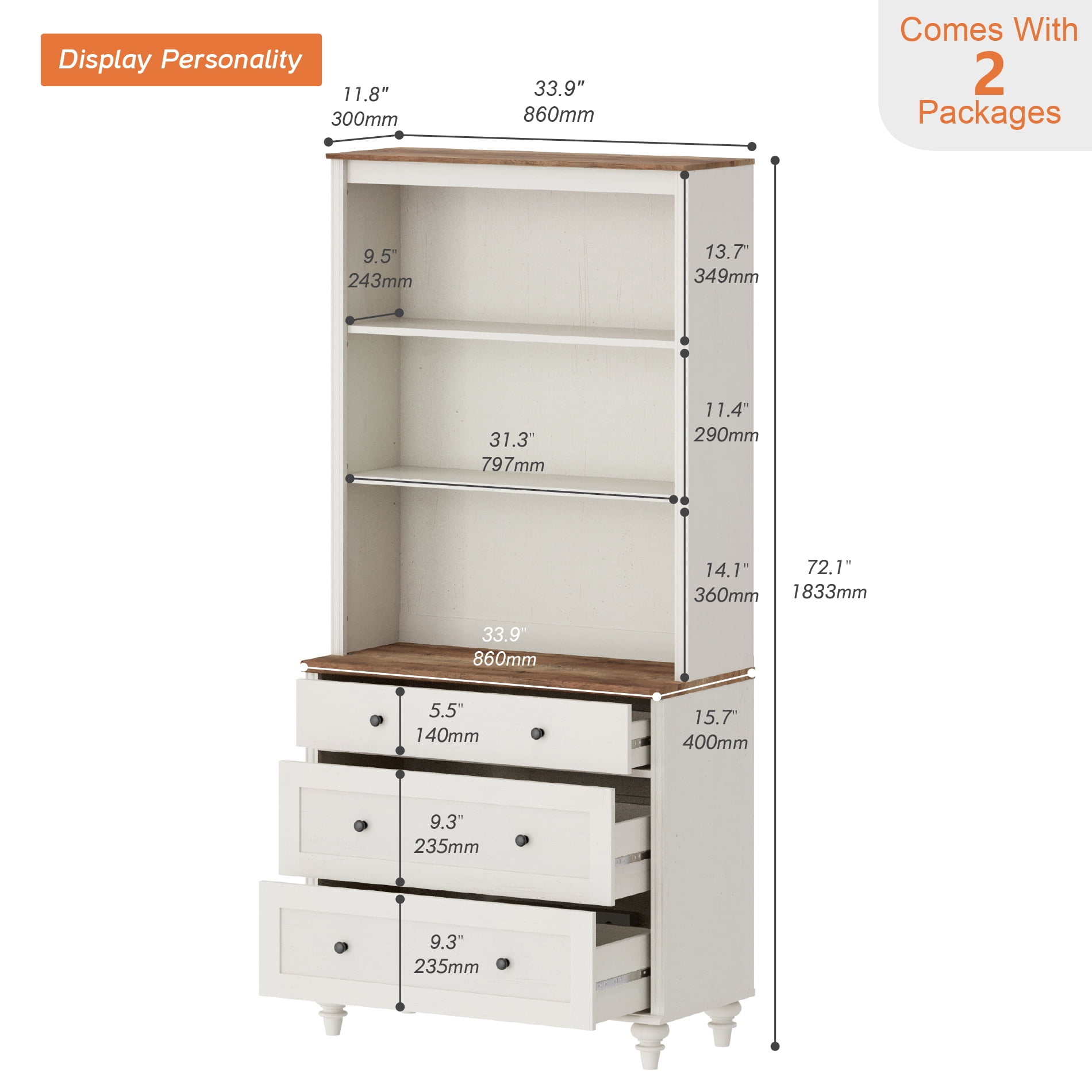 72" Tall Bookcase Large Display Book Case Shelf with 3-Tier Open Book Shelfs, 3 Tier Farmhouse Bookshelf with 3 Drawers, Library Wood Bookshelves for Living Room or Study Room or Bedroom, White