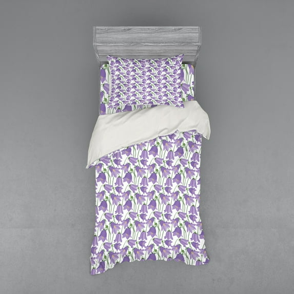 Ambesonne Botanical Bedding Set 3 Pcs, Bluebells Garden, Twin, Lavender Yellow