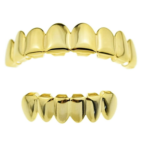 14k Gold Plated Grillz Set Eight Top 8 Upper Teeth And Six Bottom 6 Lower Plain Teeth Hip Hop