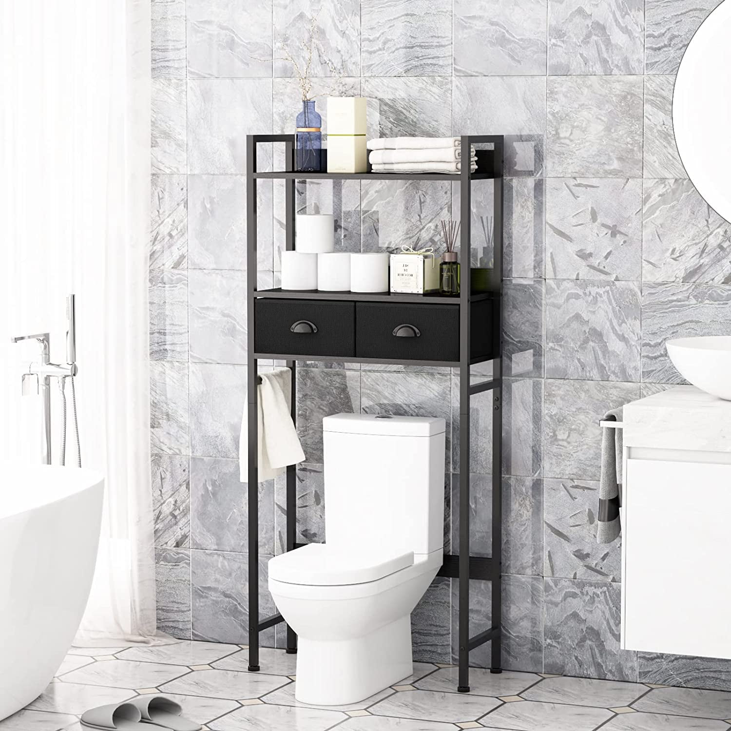 Galood Bathroom Storage Shelves Organizer Adjustable 3 Tiers, Over The Toilet Storage Floating Shelves for Wall Mounted with Hanging Rod (Black)
