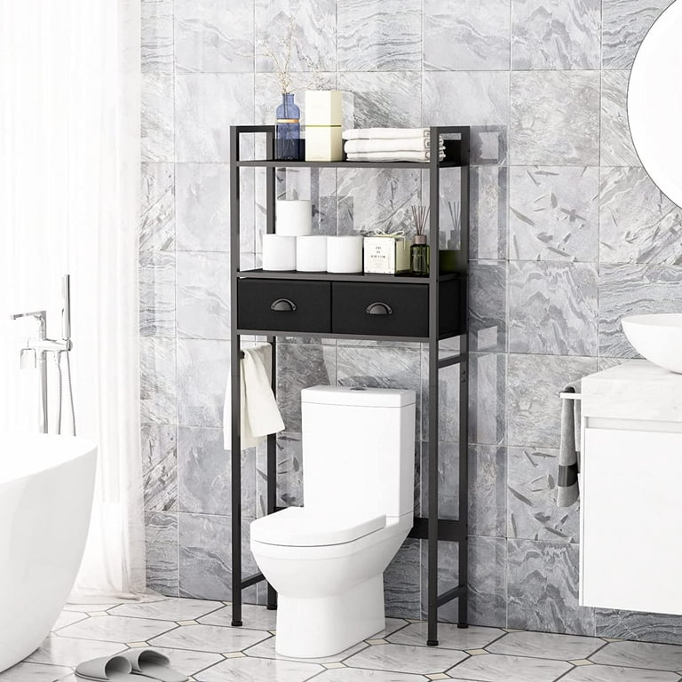 3 Tier Over The Toilet Storage Shelf Black Bathroom Storage Shelf Wooden  Space Saver Organizer, Above Toilet Stand, with Towel Bar and Toilet Paper  Holder,1 Baskets by Furnulem 