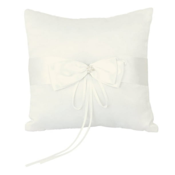Cojín para anillos de boda de 10 x 10 cm con lazo doble de satén y flor de perla sintética (marfil)