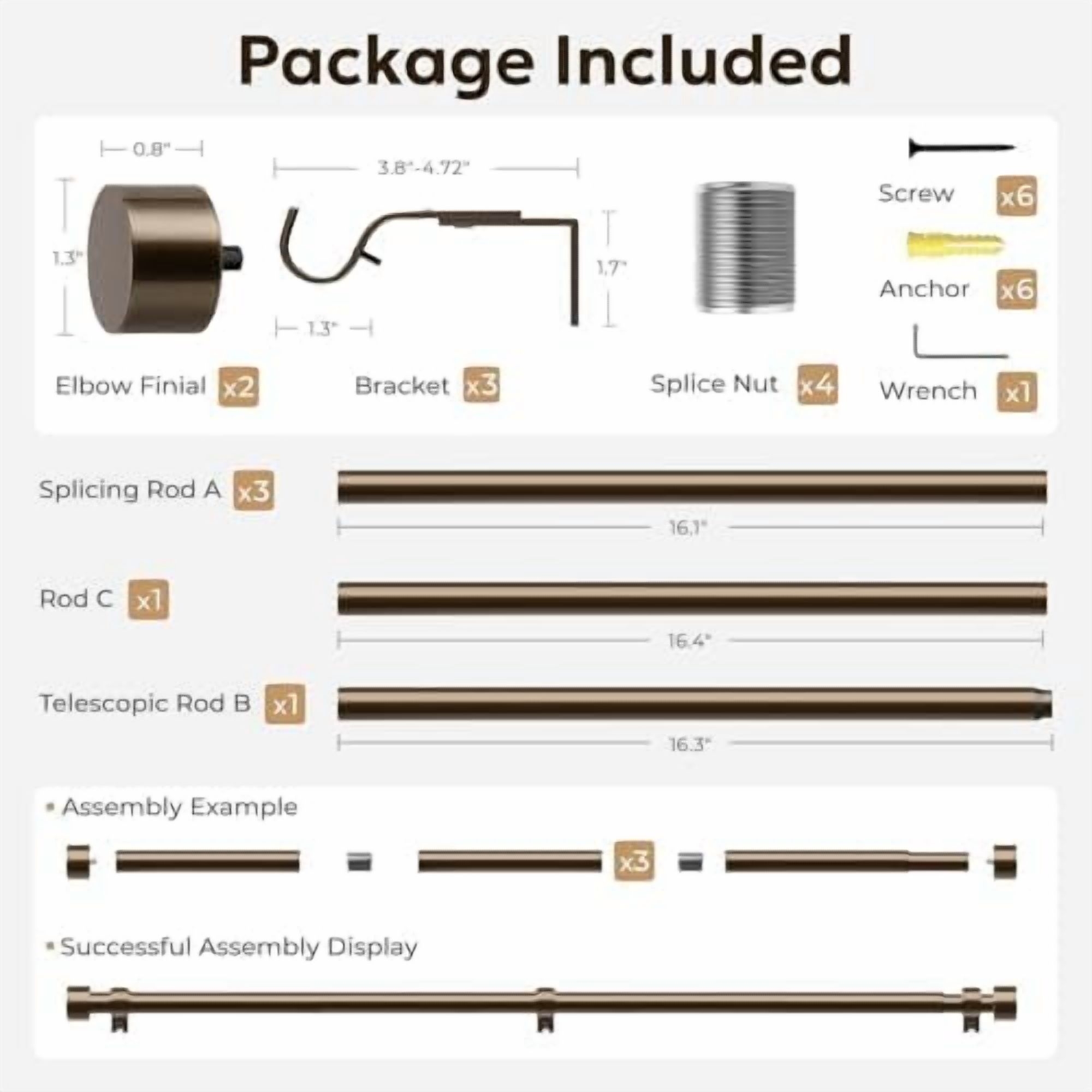 Curtain Rods for Windows 48 to 84, Bronze Curtain Rod, Adjustable 1 Inch Heavy Duty Outdoor/Indoor Modern Drapery Pole, 32"-86"