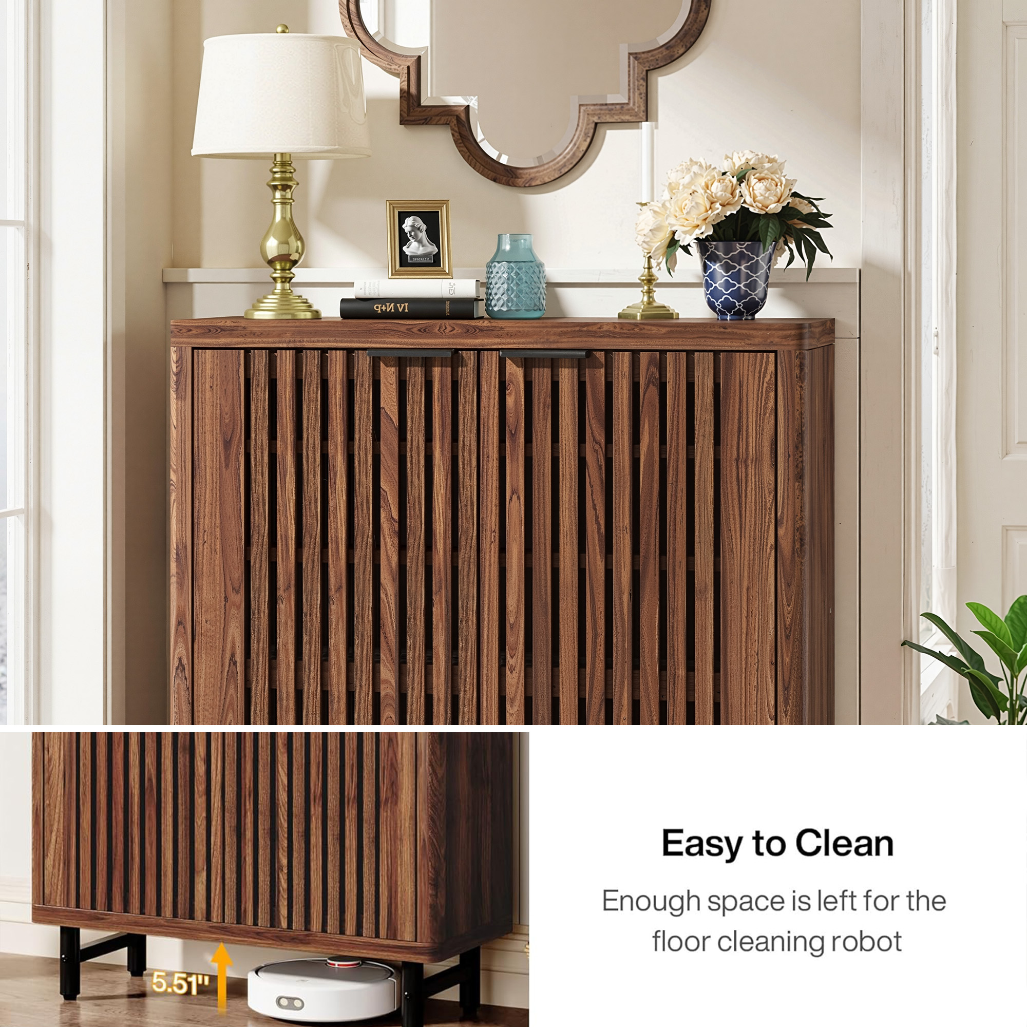 MAYEERTY Dark Walnut Breathable Louvered Shoe Cabinet, Ventilated Wooden Shoe Storage for Entryway