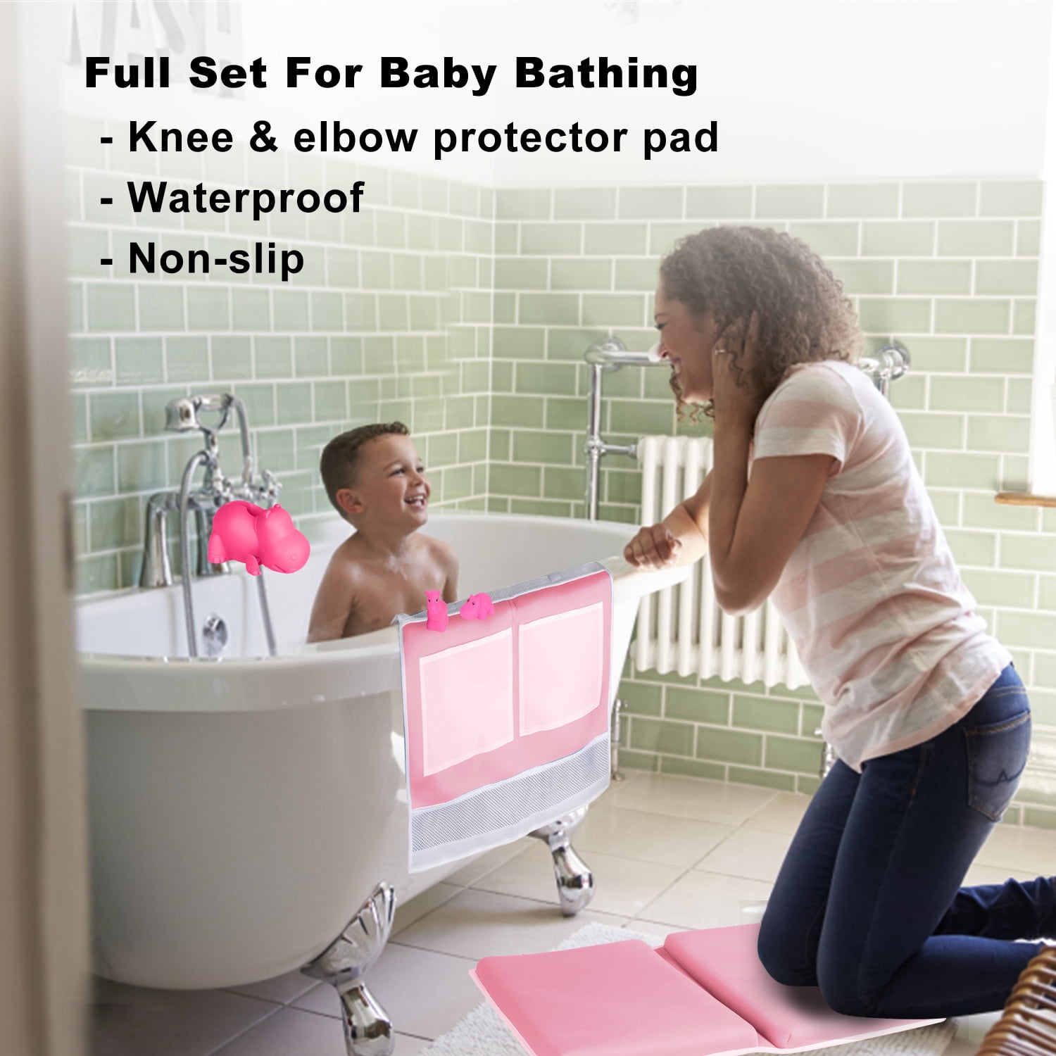 StarQualityBargain Bath Kneeler Mat and Elbow Rest Pad Set - Non-Slip Rubber with Toy Organizer - Bath Spout Cover Pink Hippo