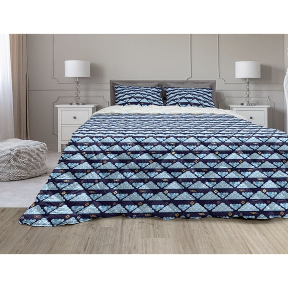 Japanese Comforter & Sham Bedding Set, Abstract Clouds Ornament Essential Shapes Pattern, 3 pcs Duvet Set Microfiber Filling Quilt, 5 Sizes, Indigo Deep Sky Blue, by Ambesonne