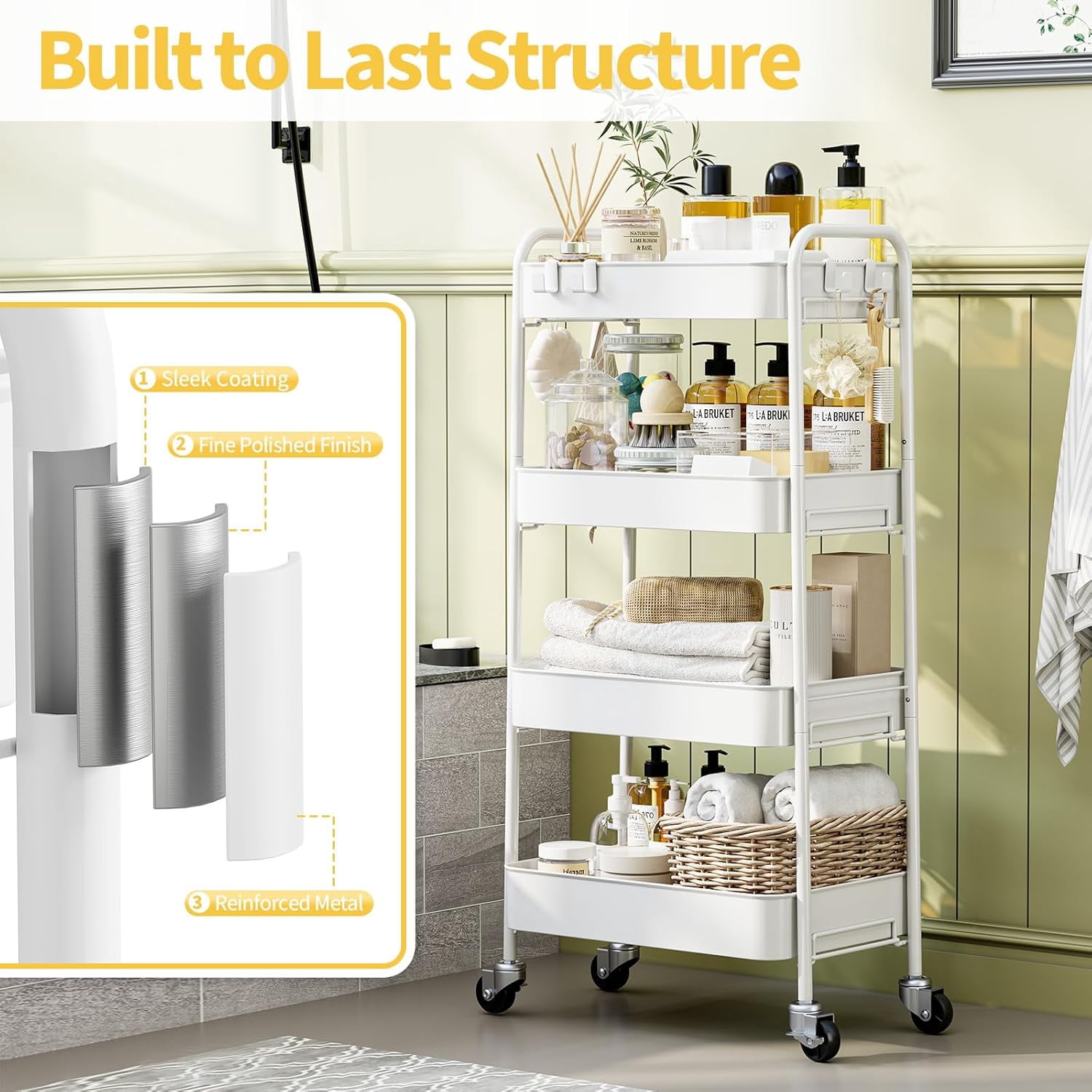 4-Tier Metal Rolling Cart with Wheels, Storage Utility Organizer Cart for Kitchen, Bathroom, Office, Baby Essentials & Makeup - Lockable Casters, Easy Assembly, Large Capacity, White
